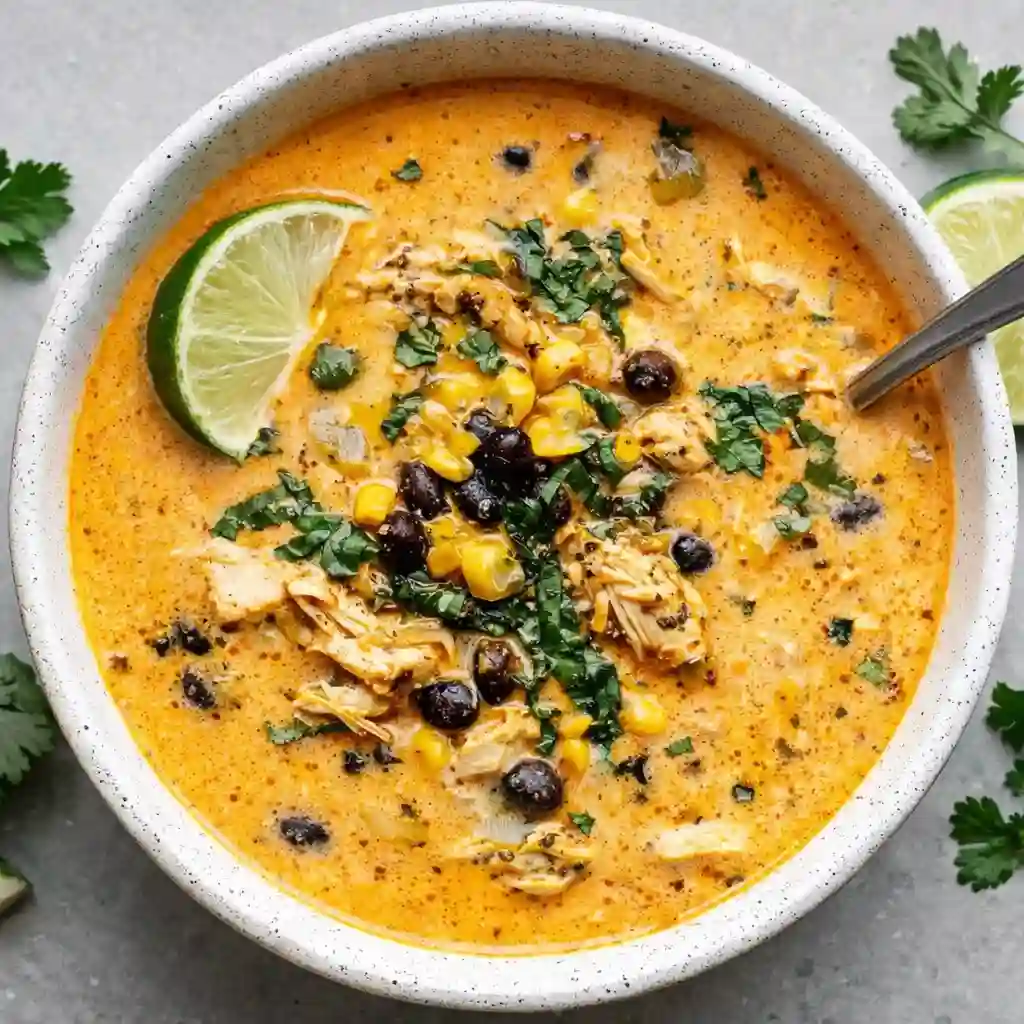 Easy Chicken Poblano Soup served in a modern minimalist bowl on white marble background