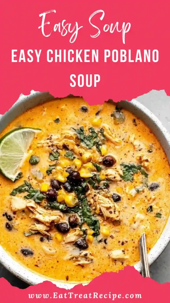 Easy Chicken Poblano Soup served in a modern minimalist bowl on white marble background
