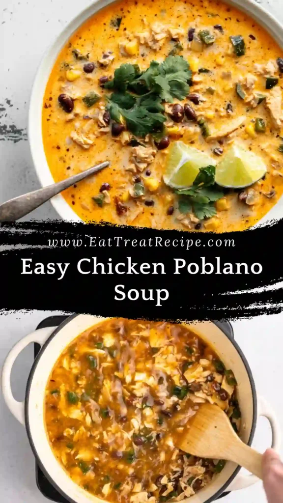 Easy Chicken Poblano Soup served in a modern minimalist bowl on white marble background