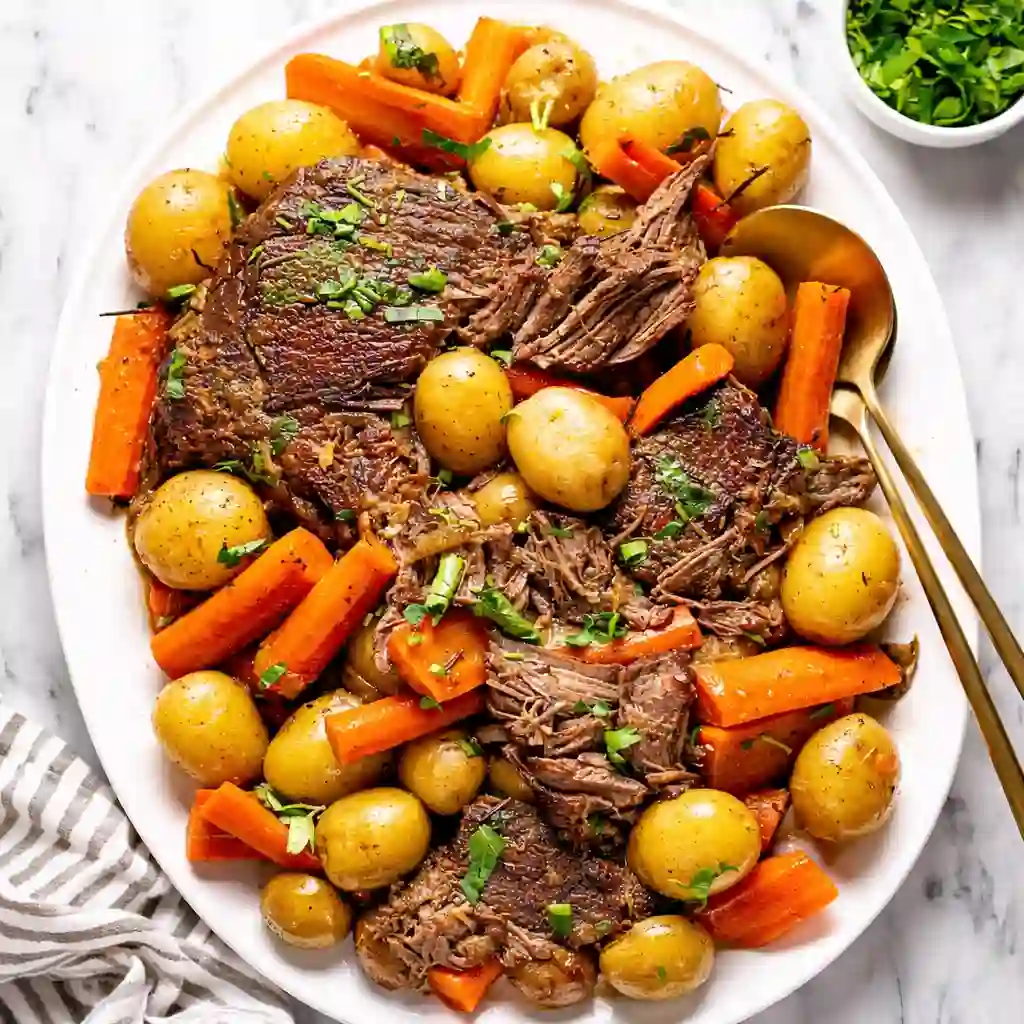 Easy Crock Pot Pot Roast slow cooked with carrots and onions on a white marble background