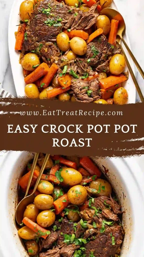 Easy Crock Pot Pot Roast slow cooked with carrots and onions on a white marble background