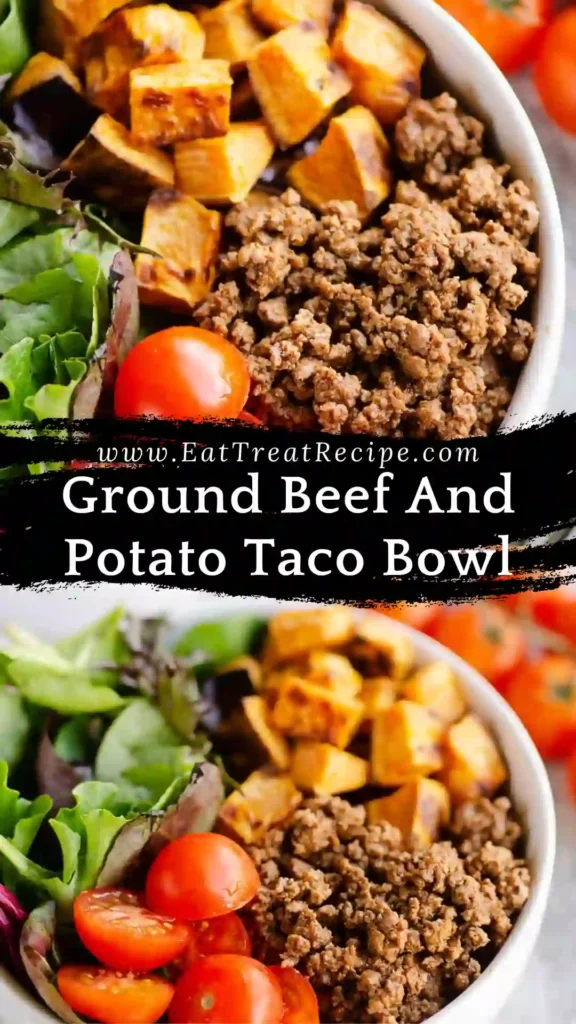 Ground beef and potato taco bowl with fresh toppings served on white marble background