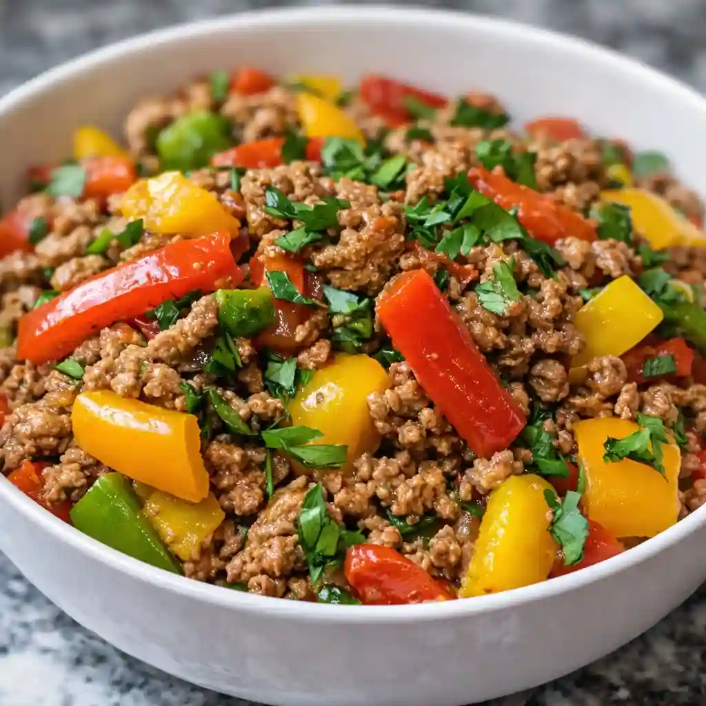 Ground Turkey And Peppers Bowls served in a modern minimalist style on white marble background