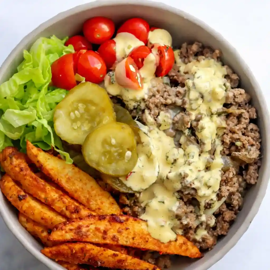 High-Protein Cheeseburger Bowls with beef, cheese, and fresh toppings on white marble background