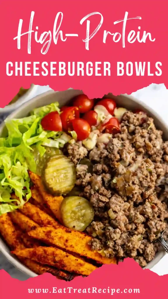 High-Protein Cheeseburger Bowls with beef, cheese, and fresh toppings on white marble background