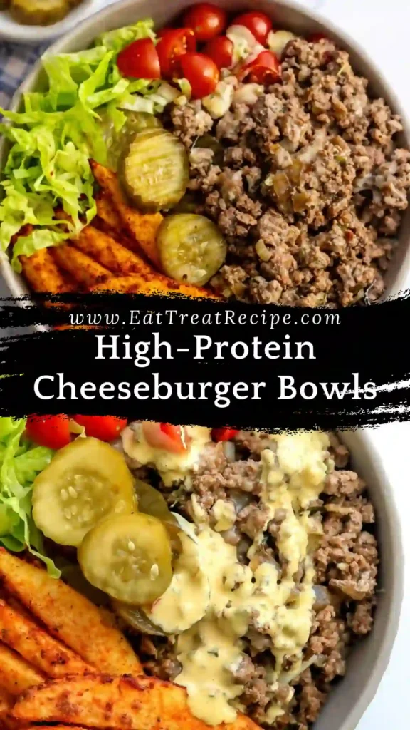 High-Protein Cheeseburger Bowls with beef, cheese, and fresh toppings on white marble background
