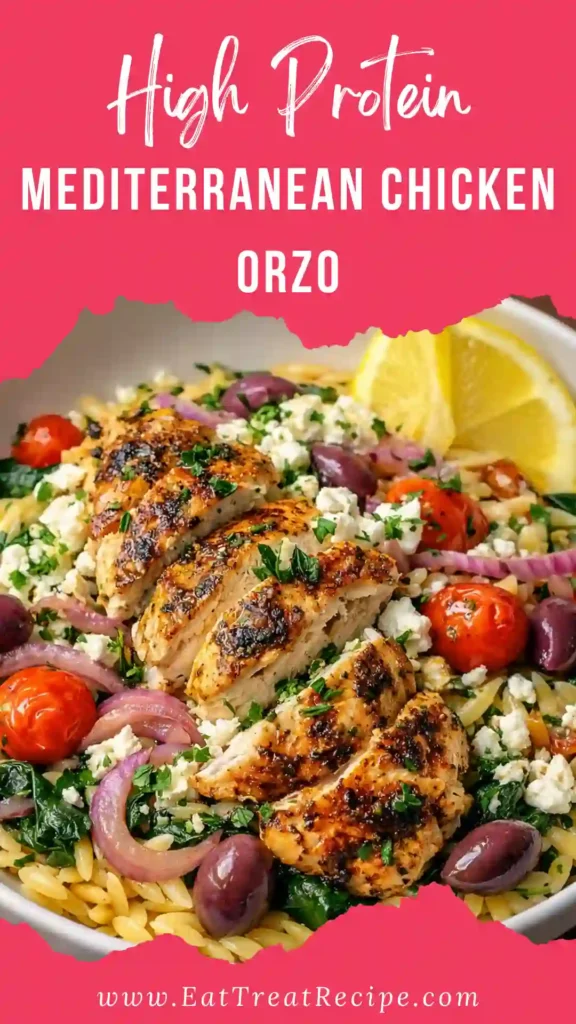 High protein Mediterranean chicken orzo in a clean bowl