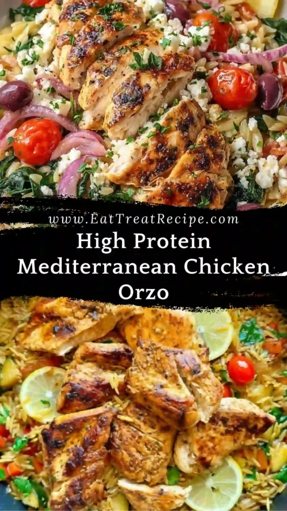 High protein Mediterranean chicken orzo in a clean bowl