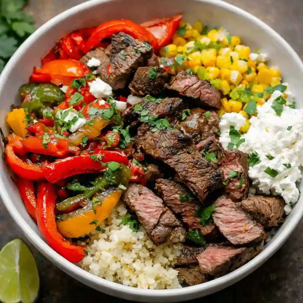 High protein steak fajita bowl with sautéed peppers and onions on white marble background