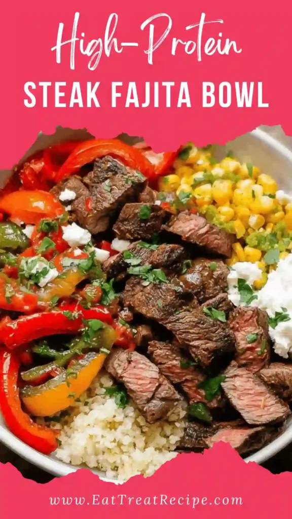 High protein steak fajita bowl with sautéed peppers and onions on white marble background