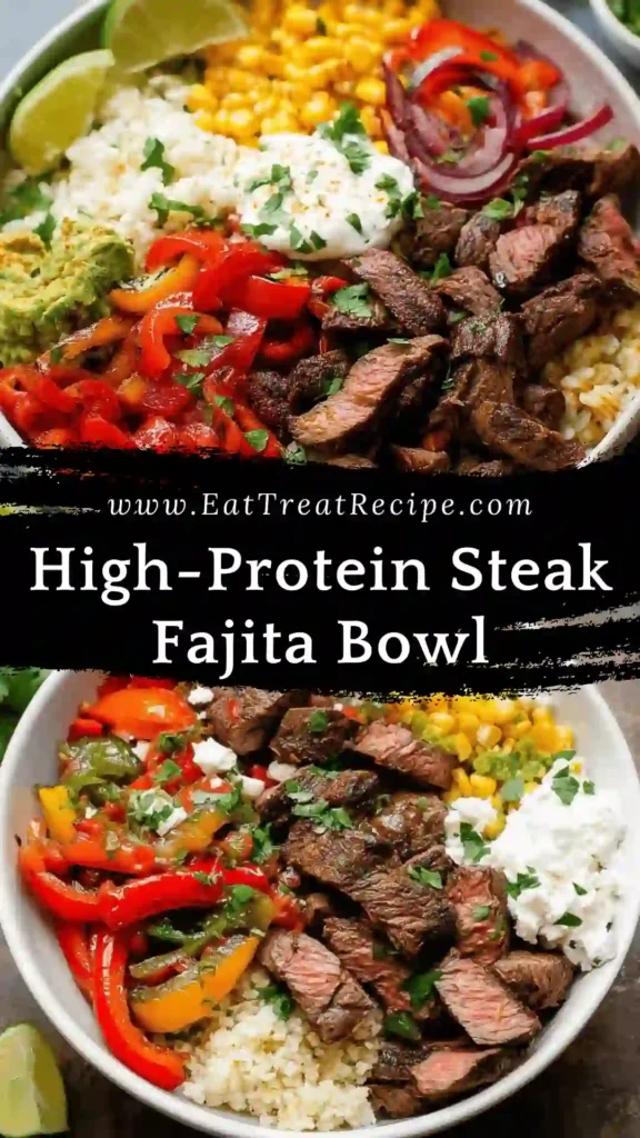 High protein steak fajita bowl with sautéed peppers and onions on white marble background