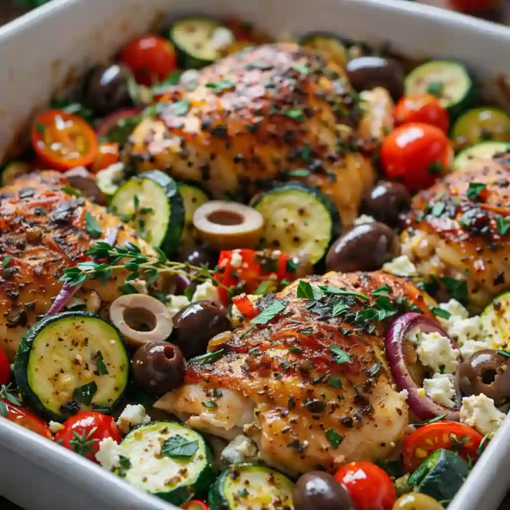 Mediterranean Chicken Zucchini Bake with baked chicken and zucchini on white marble background