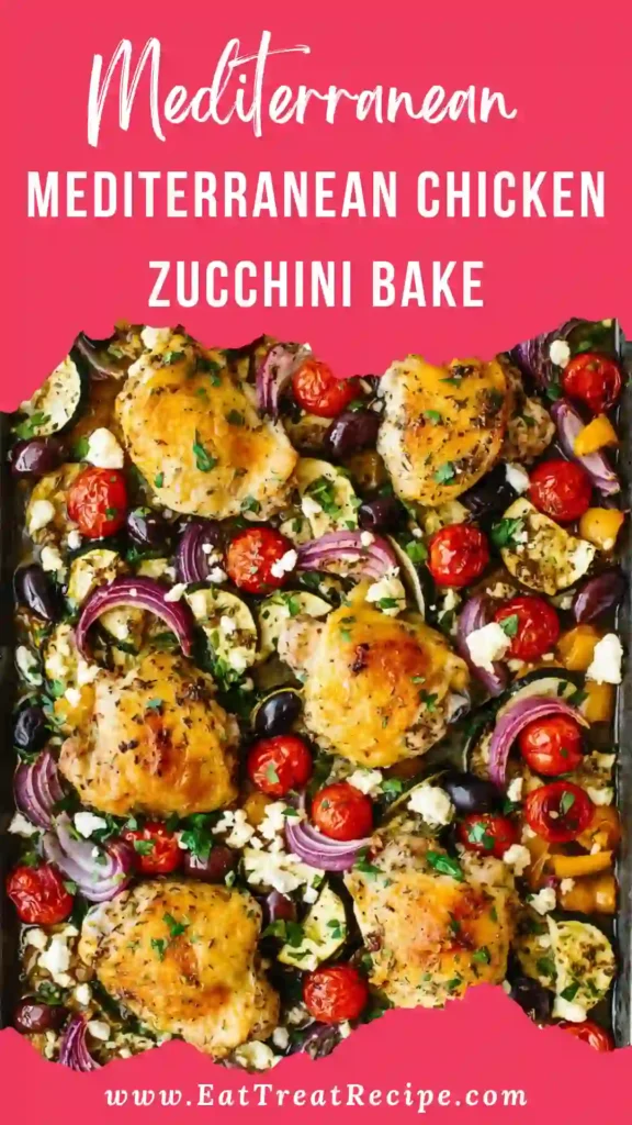 Mediterranean Chicken Zucchini Bake with baked chicken and zucchini on white marble background