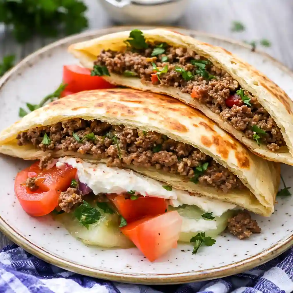 Mediterranean ground beef pita pockets filled with fresh vegetables on white marble background