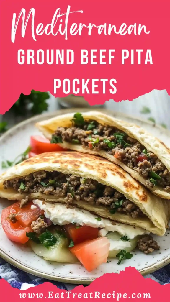 Mediterranean ground beef pita pockets filled with fresh vegetables on white marble background