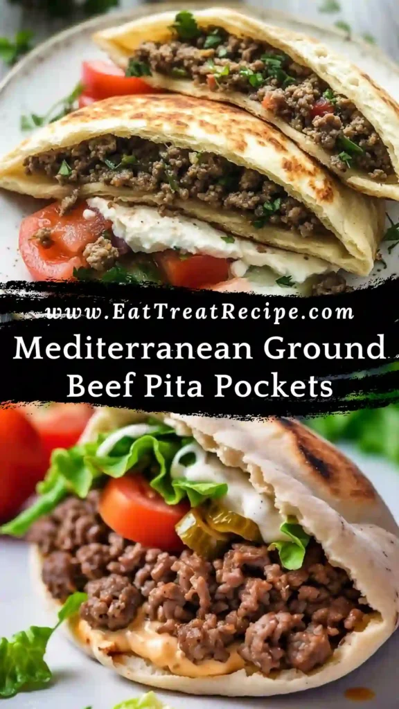 Mediterranean ground beef pita pockets filled with fresh vegetables on white marble background