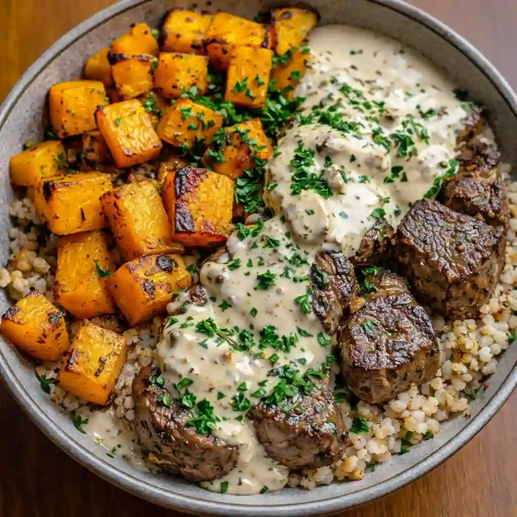 Mouthwatering butternut squash steak bowls with roasted squash and sliced steak