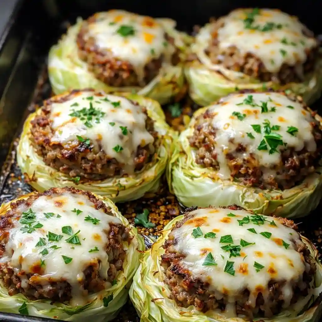 Oven-Baked Cabbage Burgers served hot with tender baked cabbage and juicy beef patties on a white marble background