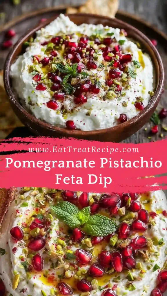 Pomegranate Pistachio Feta Dip with whipped feta, pomegranate seeds, and pistachios on white marble background