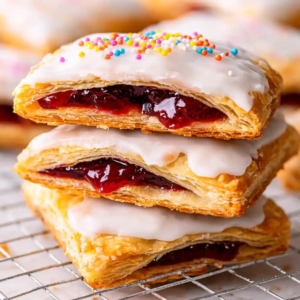 Protein-Packed Homemade Pop Tarts with berry filling plated on a white marble background in natural light