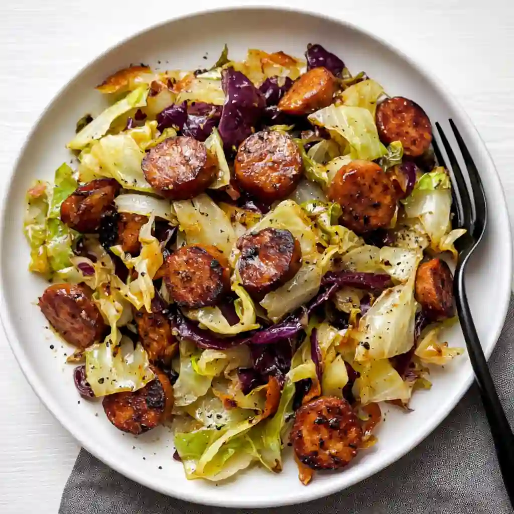 Sausage and cabbage stir fry served in a bowl on white marble background