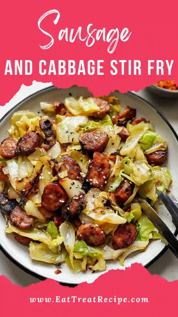 Sausage and cabbage stir fry served in a bowl on white marble background
