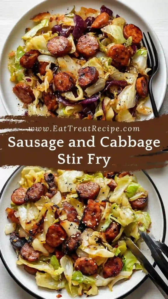 Sausage and cabbage stir fry served in a bowl on white marble background