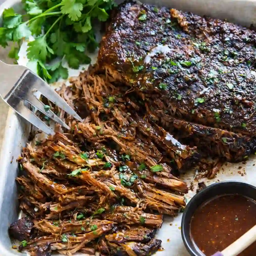 Slow Cooked Beef Brisket sliced and tender on white marble background