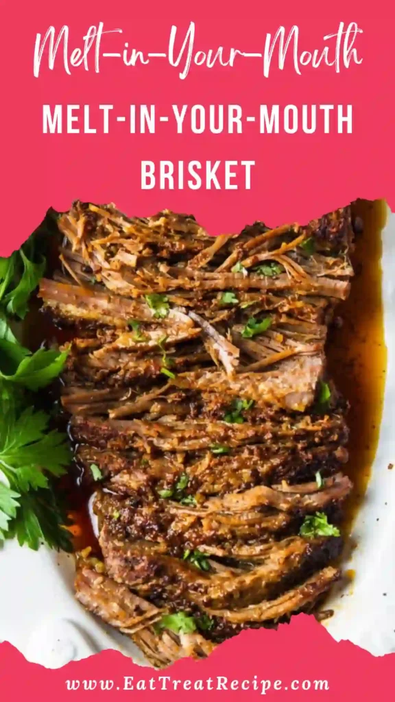 Slow Cooked Beef Brisket sliced and tender on white marble background