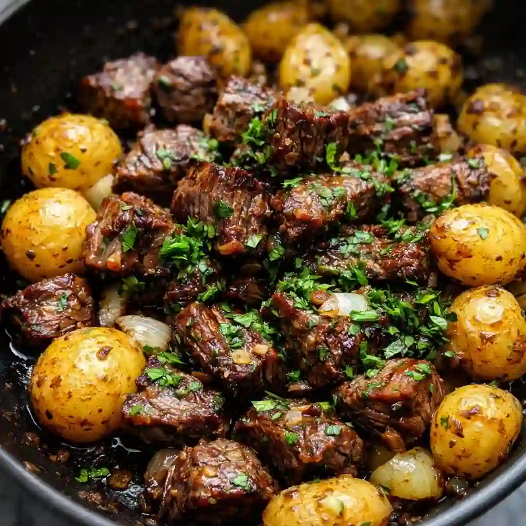 Slow Cooker Garlic Butter Beef with Potatoes served in a minimalist style on white marble background