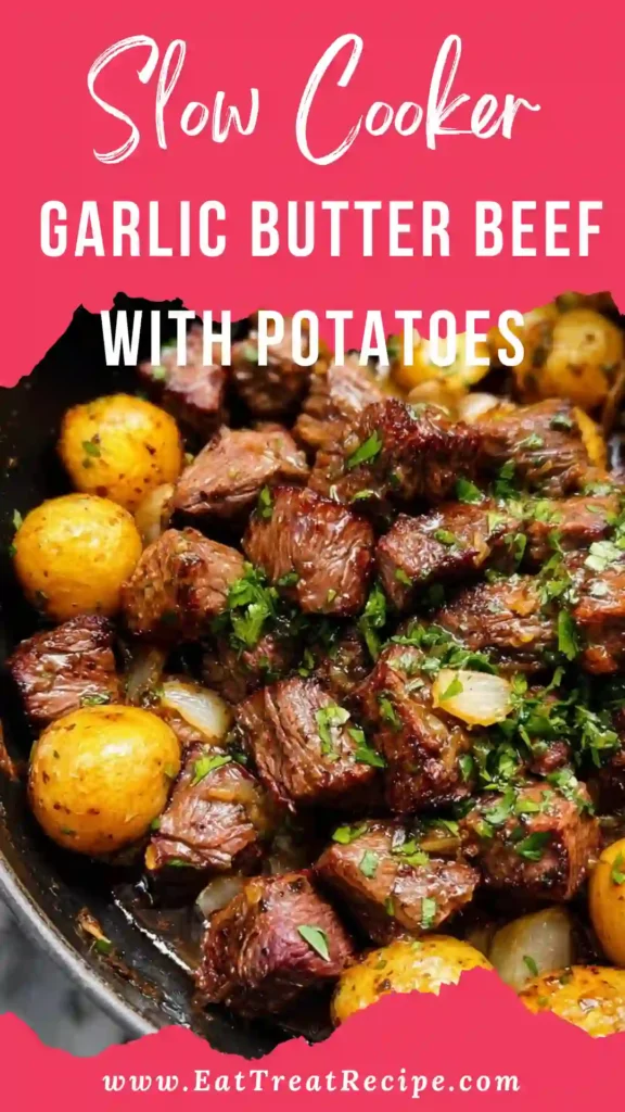 Slow Cooker Garlic Butter Beef with Potatoes served in a minimalist style on white marble background