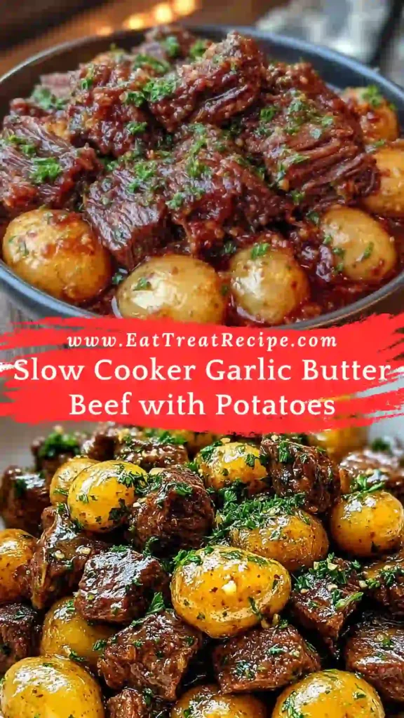 Slow Cooker Garlic Butter Beef with Potatoes served in a minimalist style on white marble background