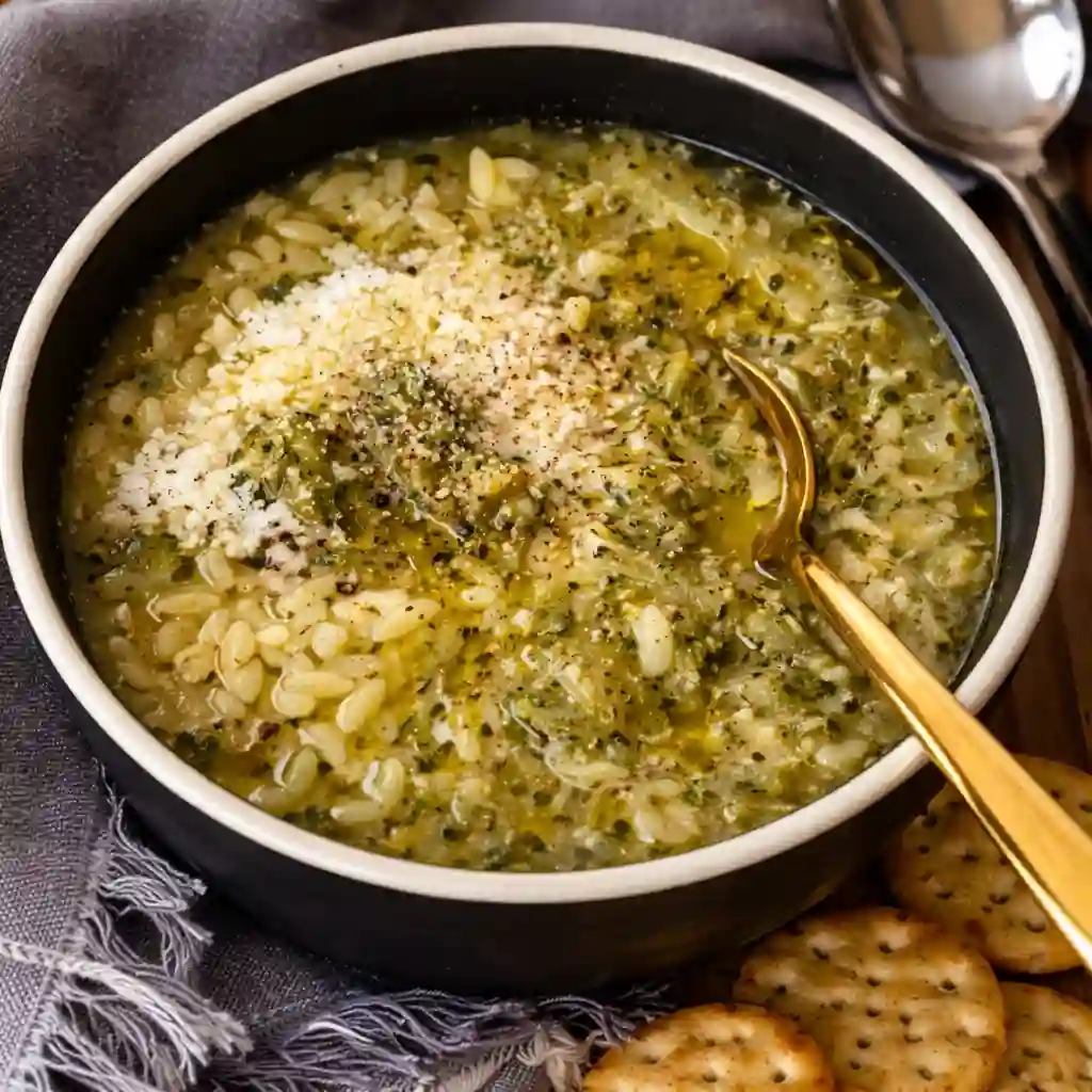 Warming Italian Broccoli Soup served in a modern minimalist bowl