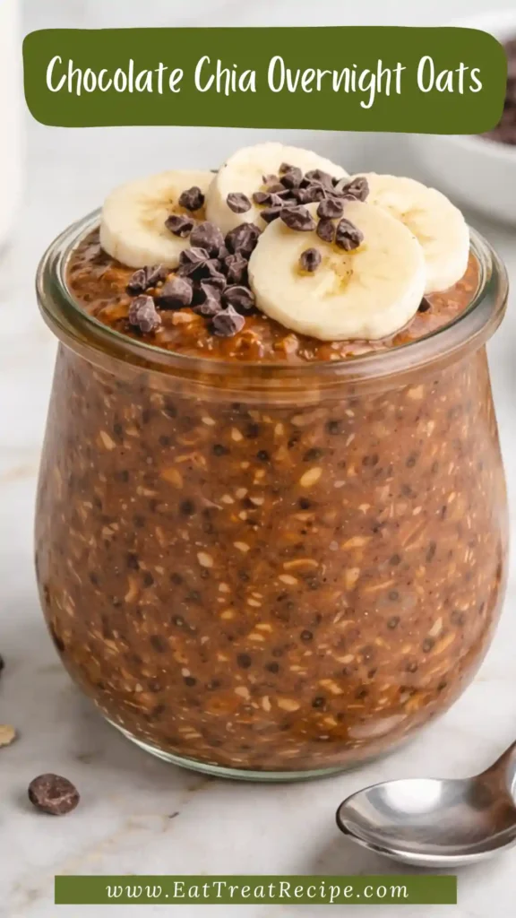 Chocolate Chia Overnight Oats in a jar with berries and chocolate chips