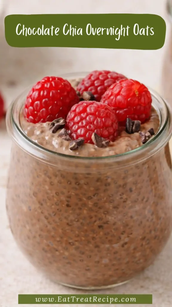 Chocolate Chia Overnight Oats in a jar with berries and chocolate chips