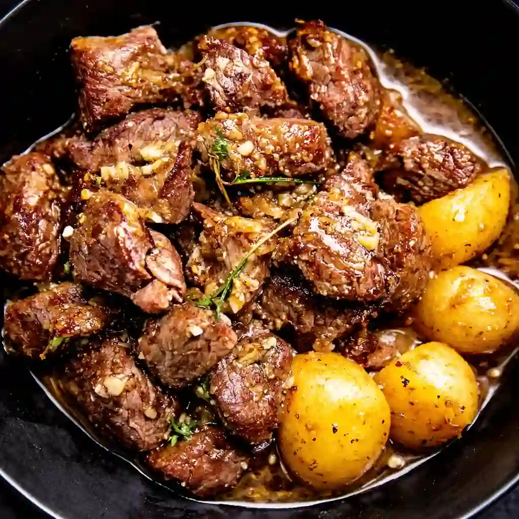 slow cooker garlic butter beef bites stored in airtight meal prep container for easy reheating on white marble background