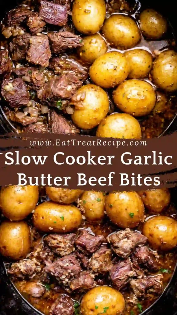 slow cooker garlic butter beef bites stored in airtight meal prep container for easy reheating on white marble background
