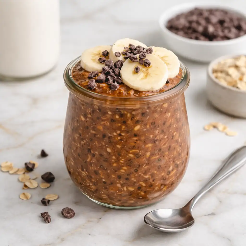 Chocolate Chia Overnight Oats in a jar with berries and chocolate chips