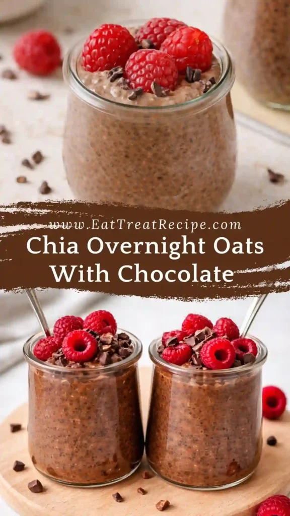 Chocolate Chia Overnight Oats in a jar with berries and chocolate chips