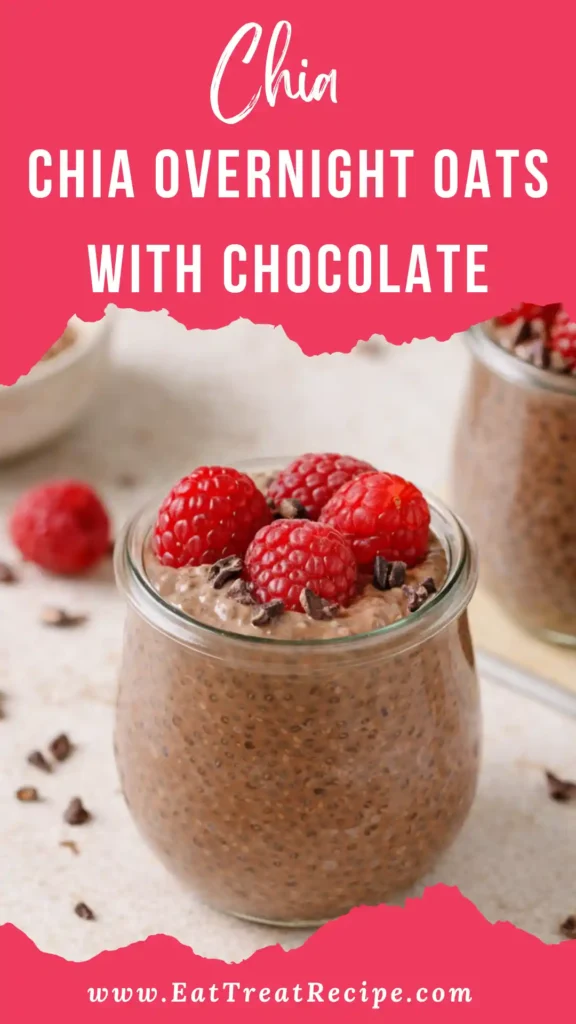 Chocolate Chia Overnight Oats in a jar with berries and chocolate chips