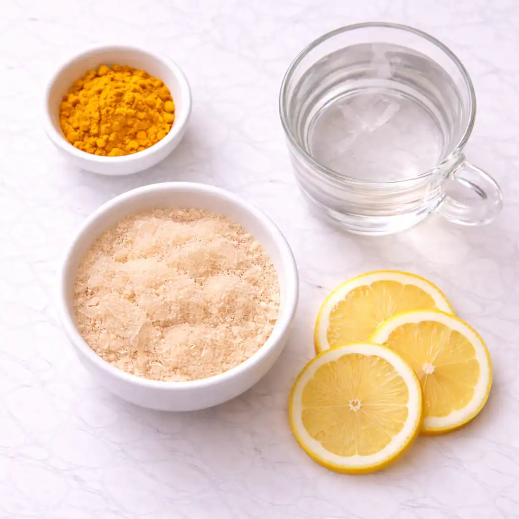 Gelatin Trick Recipe drink in clear glass mug on white marble surface