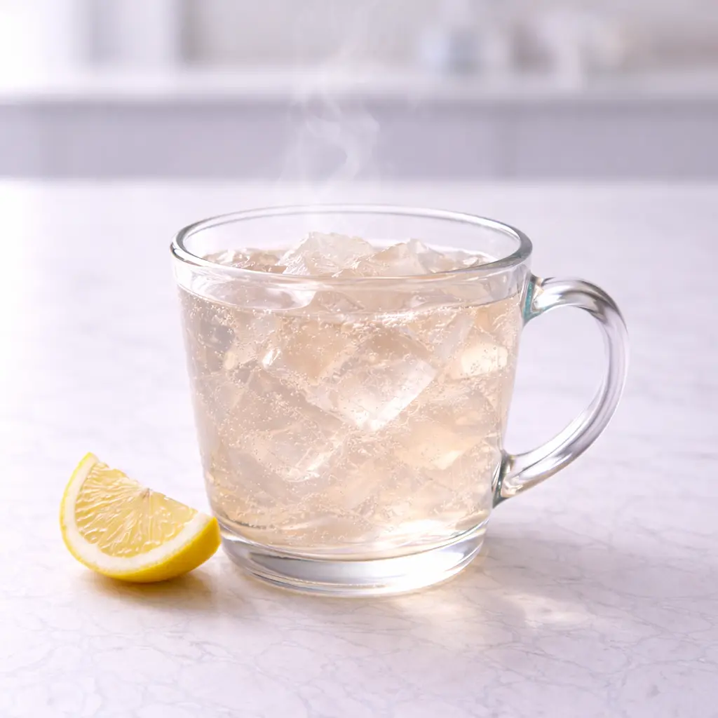 Gelatin Trick Recipe drink in clear glass mug on white marble surface