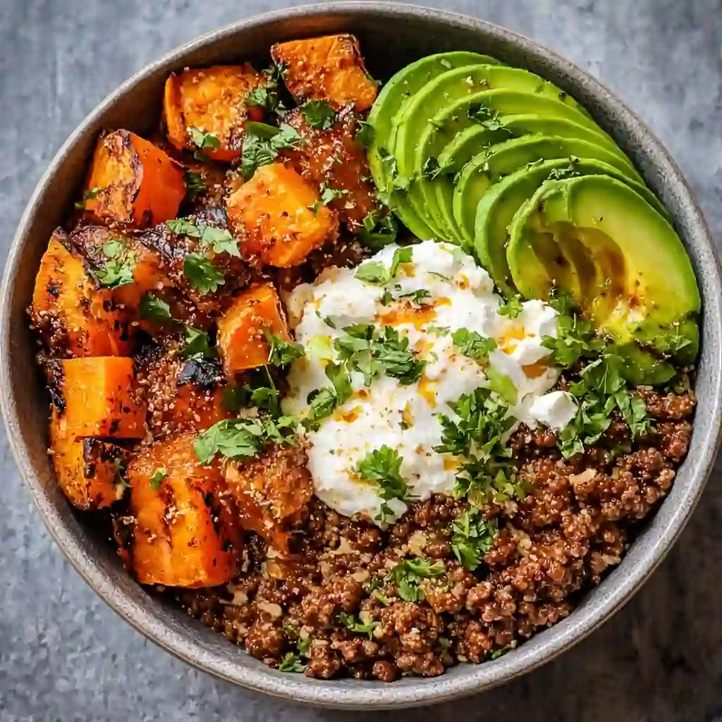 Serving ground beef hot honey bowl high protein healthy dinner