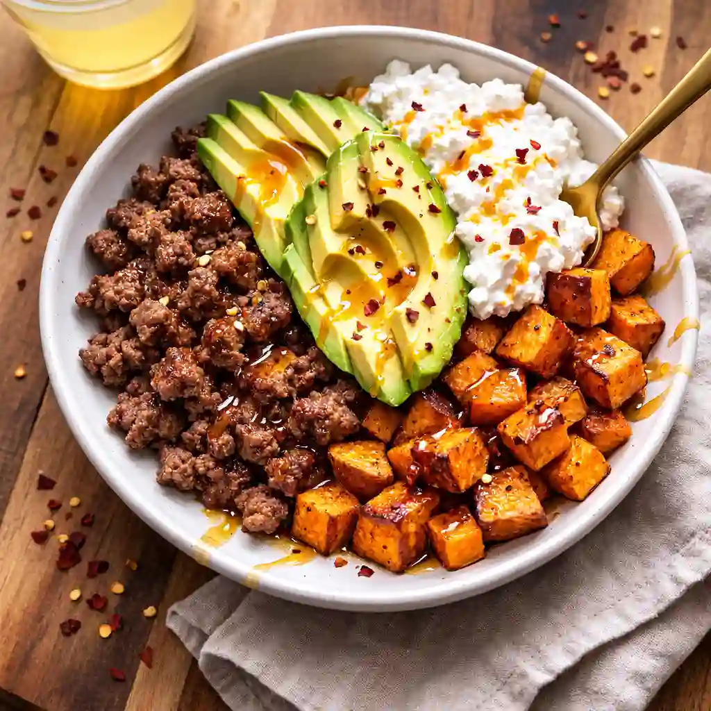 Serving ground beef hot honey bowl high protein healthy dinner