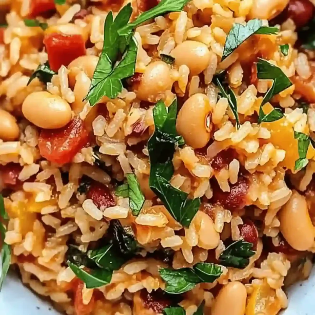healthy mediterranean rice and beans served in white bowl with chickpeas olive oil and fresh parsley