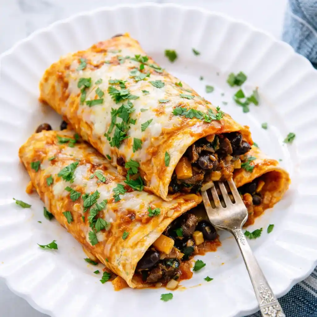Healthy vegetarian black bean enchiladas baked with light cheese and cilantro