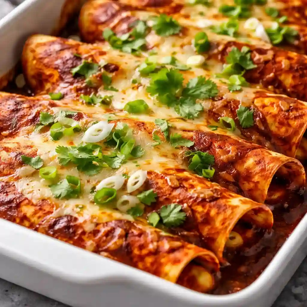 Healthy vegetarian black bean enchiladas baked with light cheese and cilantro