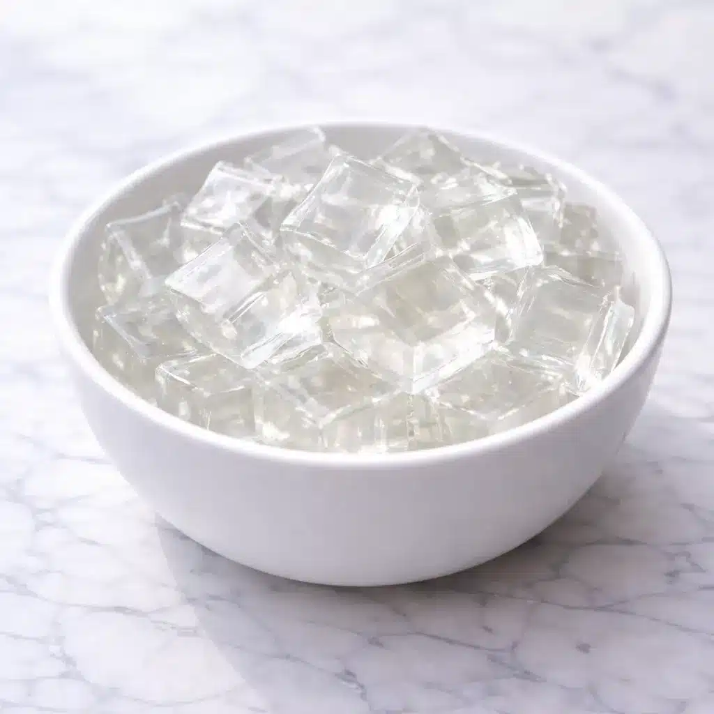 Clear gelatin cubes inspired by the Jillian Michaels gelatin recipe served in modern white bowl