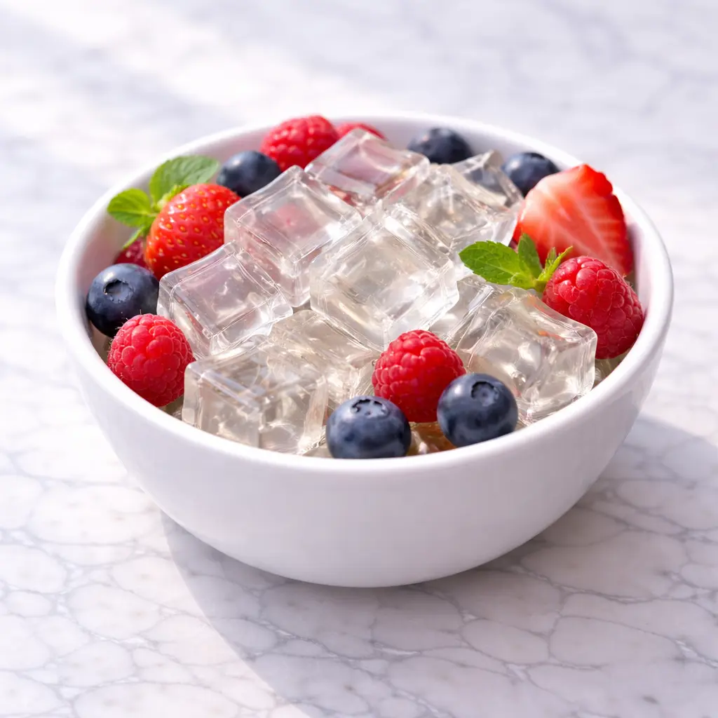 Clear gelatin cubes inspired by the Jillian Michaels gelatin recipe served in modern white bowl