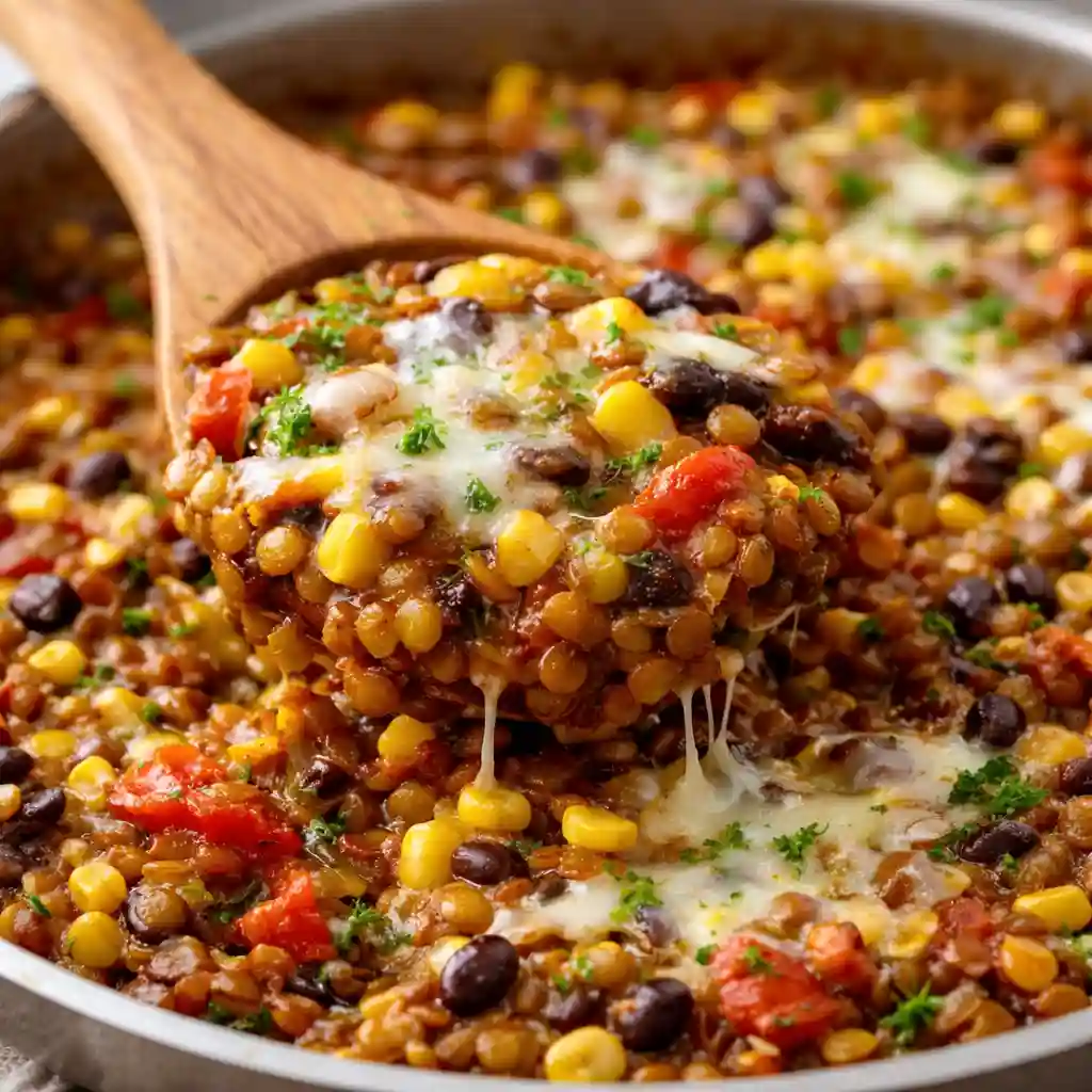 Vegetarian Mexican Lentils served in a rustic white bowl with lime and cilantro on white marble surface